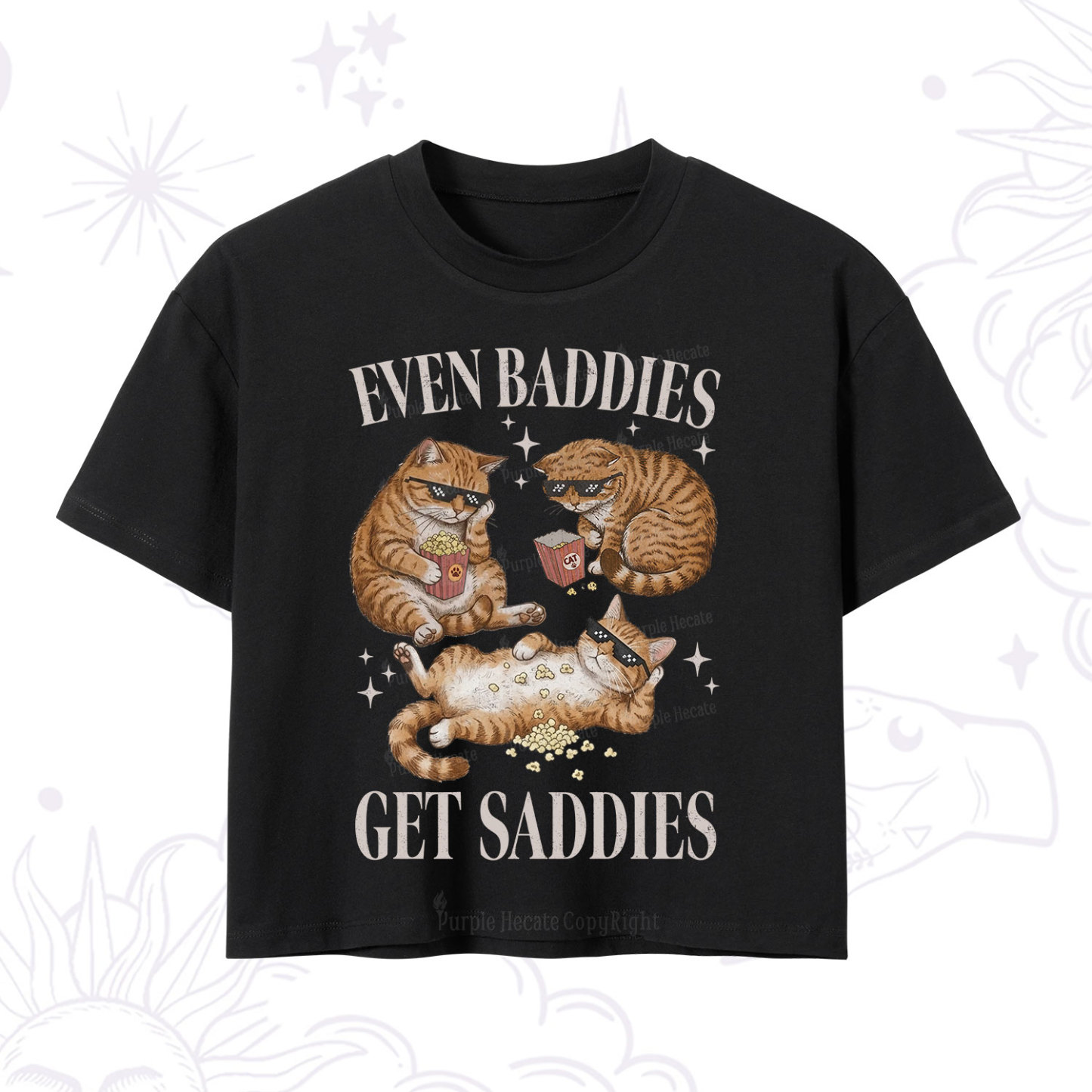 Purplehecate Even Baddies Get Saddies Funny Cat Crop T-Shirt