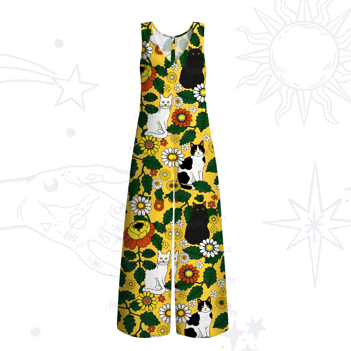 Purplehecate Daisy Cat  Garden Wide Leg Jumpsuit