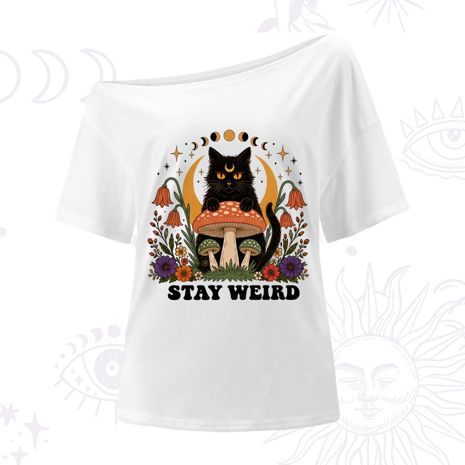 Purplehecate Stay Weird Black Cat One Shoulder T-Shirt