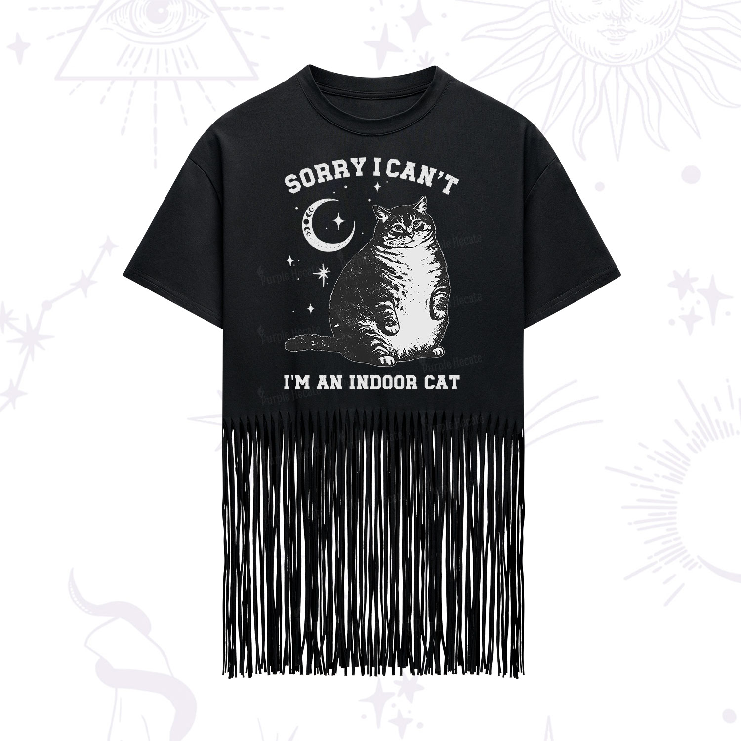 Purplehecate Sorry I Can't Go I'm an Indoor Cat Fringe Hem T-Shirt