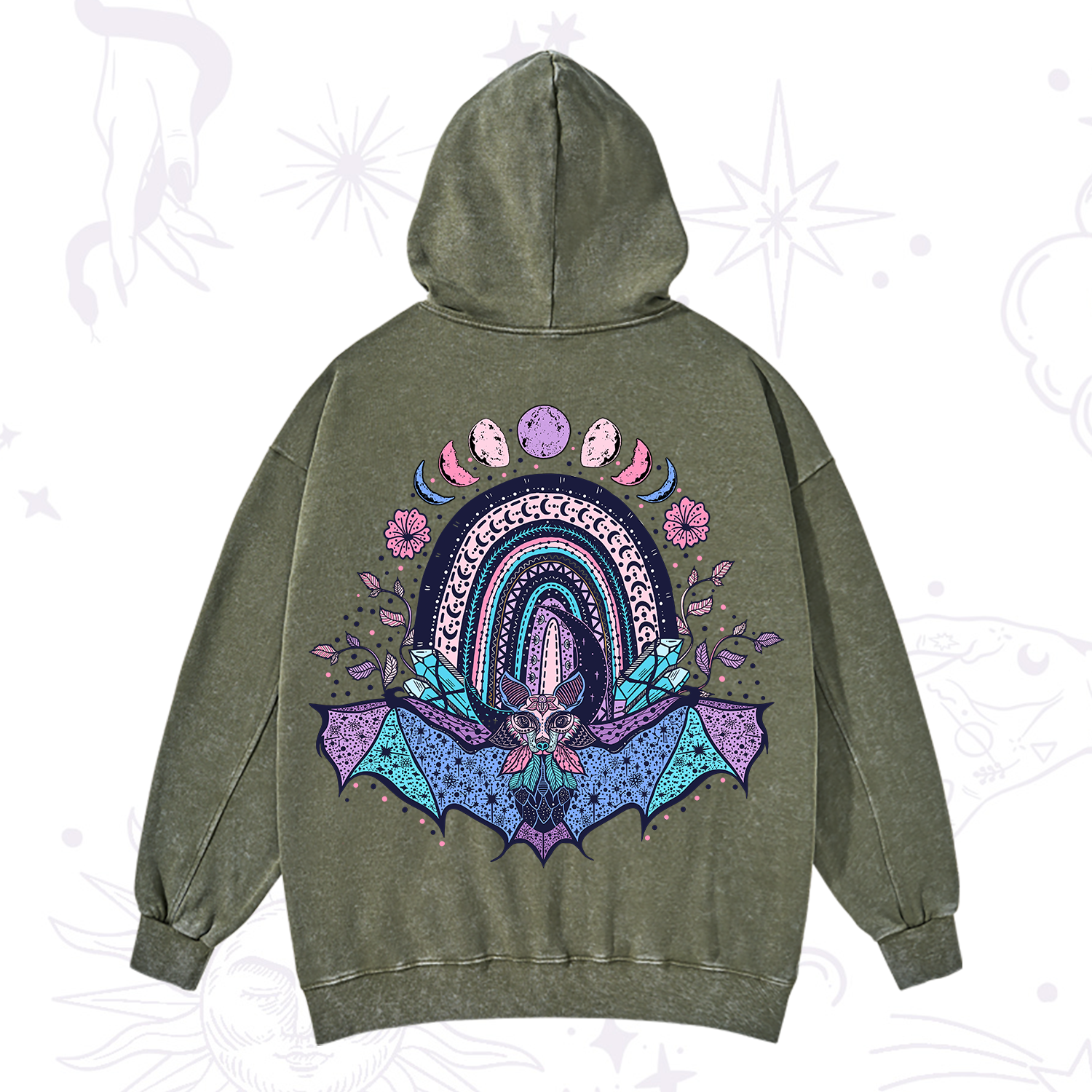 Purplehecate Moon Phase Bat Washed Hoodie