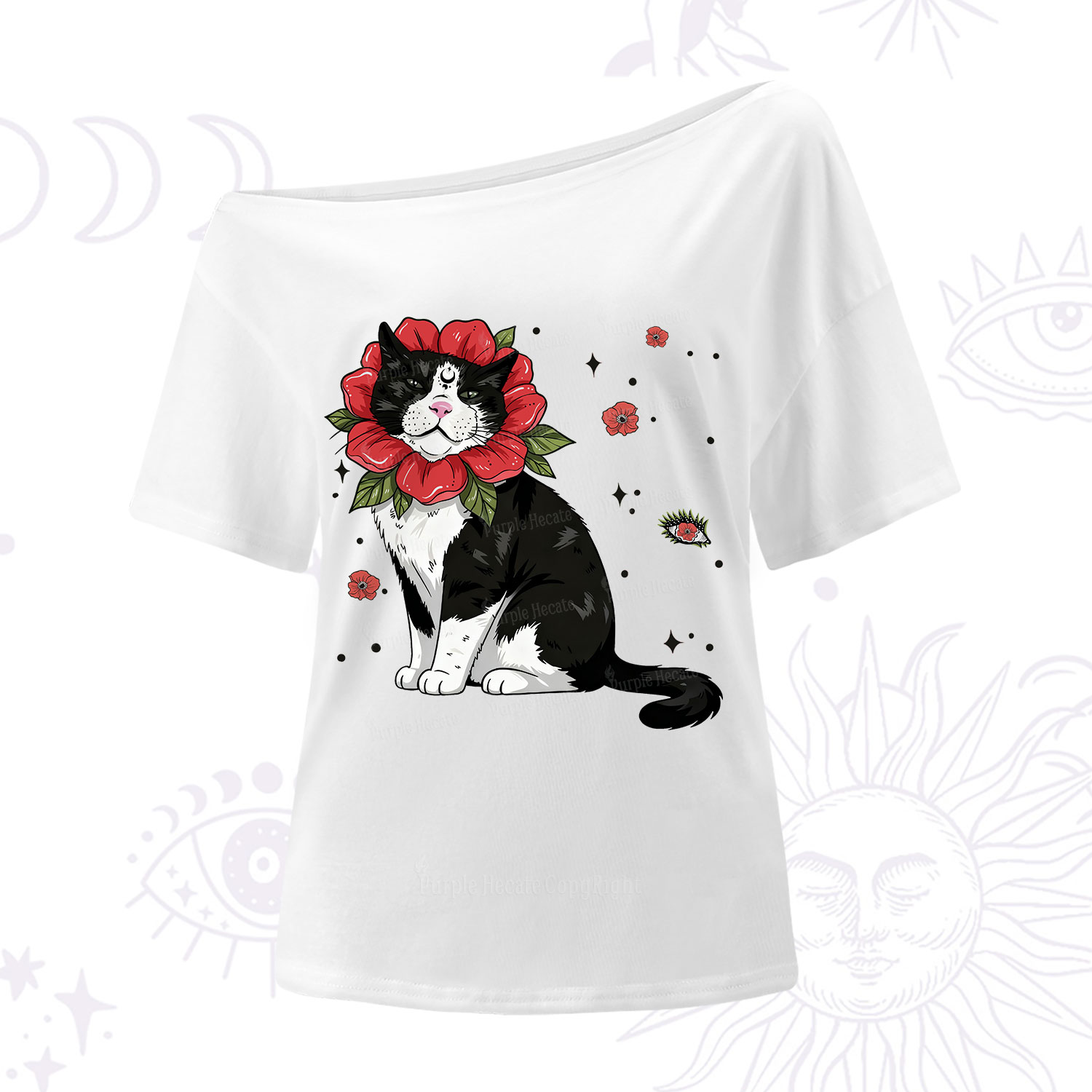 Purplehecate Cat in Flower Crown One Shoulder T-Shirt
