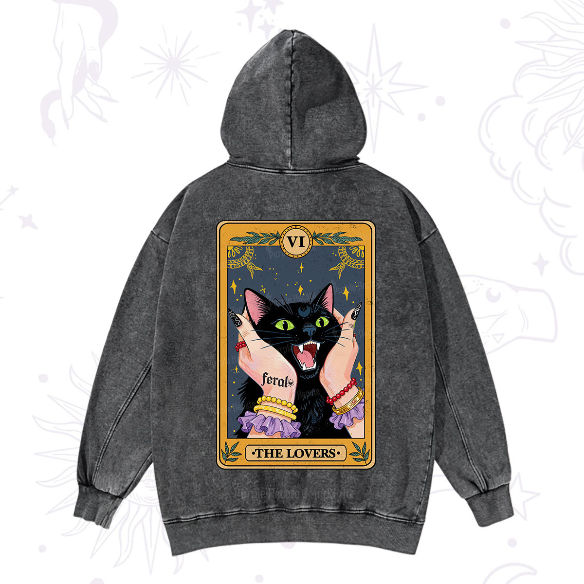 Purplehecate The Lovers Tarot Feral Cat Washed Hoodie