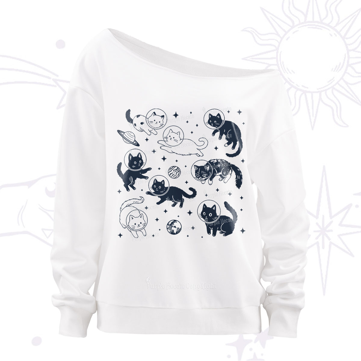 Purplehecate Cats in Space Off The Shoulder Sweatshirt