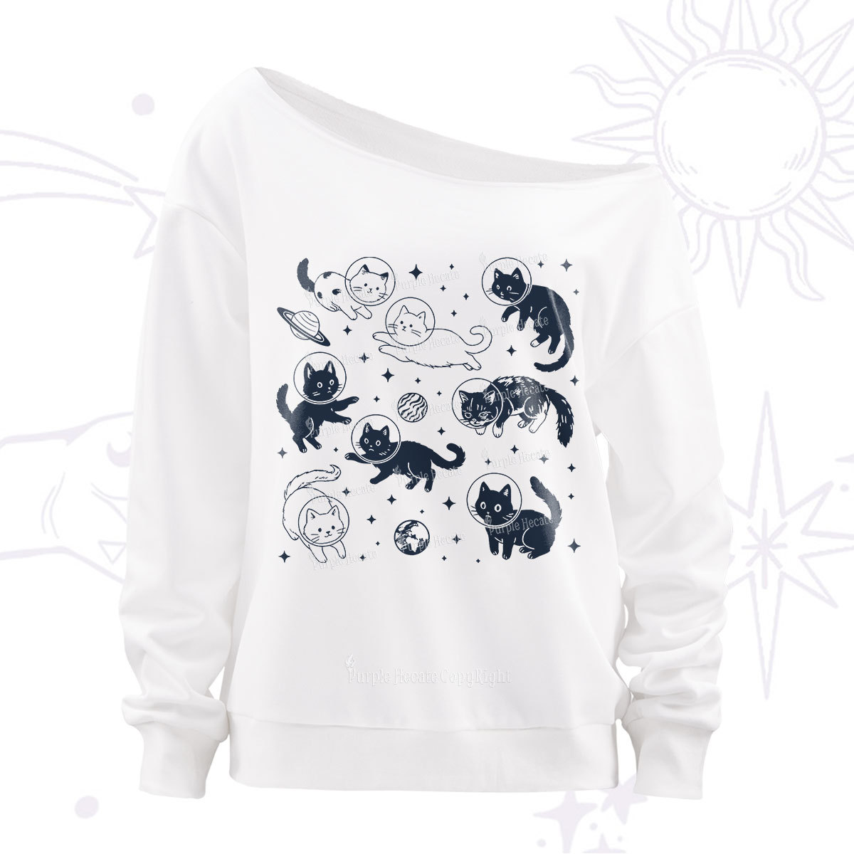 Purplehecate Cats in Space Off The Shoulder Sweatshirt