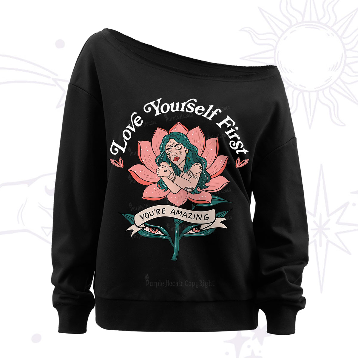 Purplehecate Love Yourself First Off The Shoulder Sweatshirt