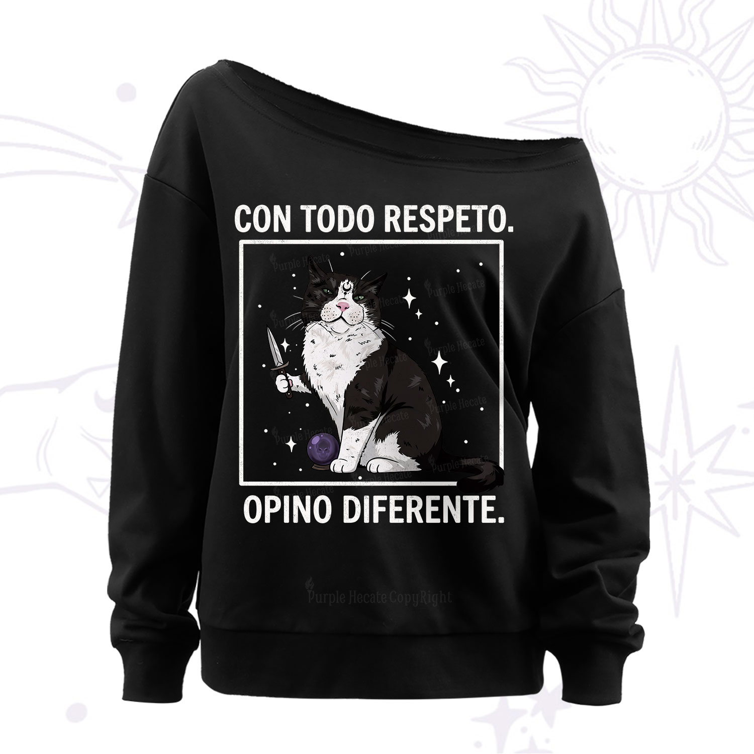 Purplehecate Funny Cat Con Todo Respeto Opino Diferente Off The Shoulder Sweatshirt