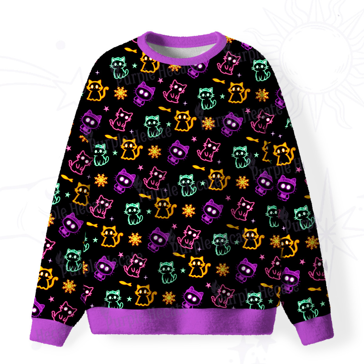 Purplehecate Neon Cat Party Fuzzy Ugly Christmas Sweatshirt