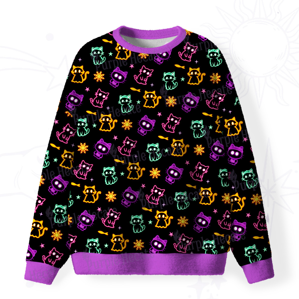 Purplehecate Neon Cat Party Fuzzy Ugly Christmas Sweatshirt