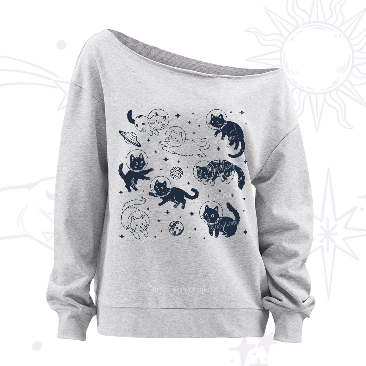 Purplehecate Cats in Space Off The Shoulder Sweatshirt