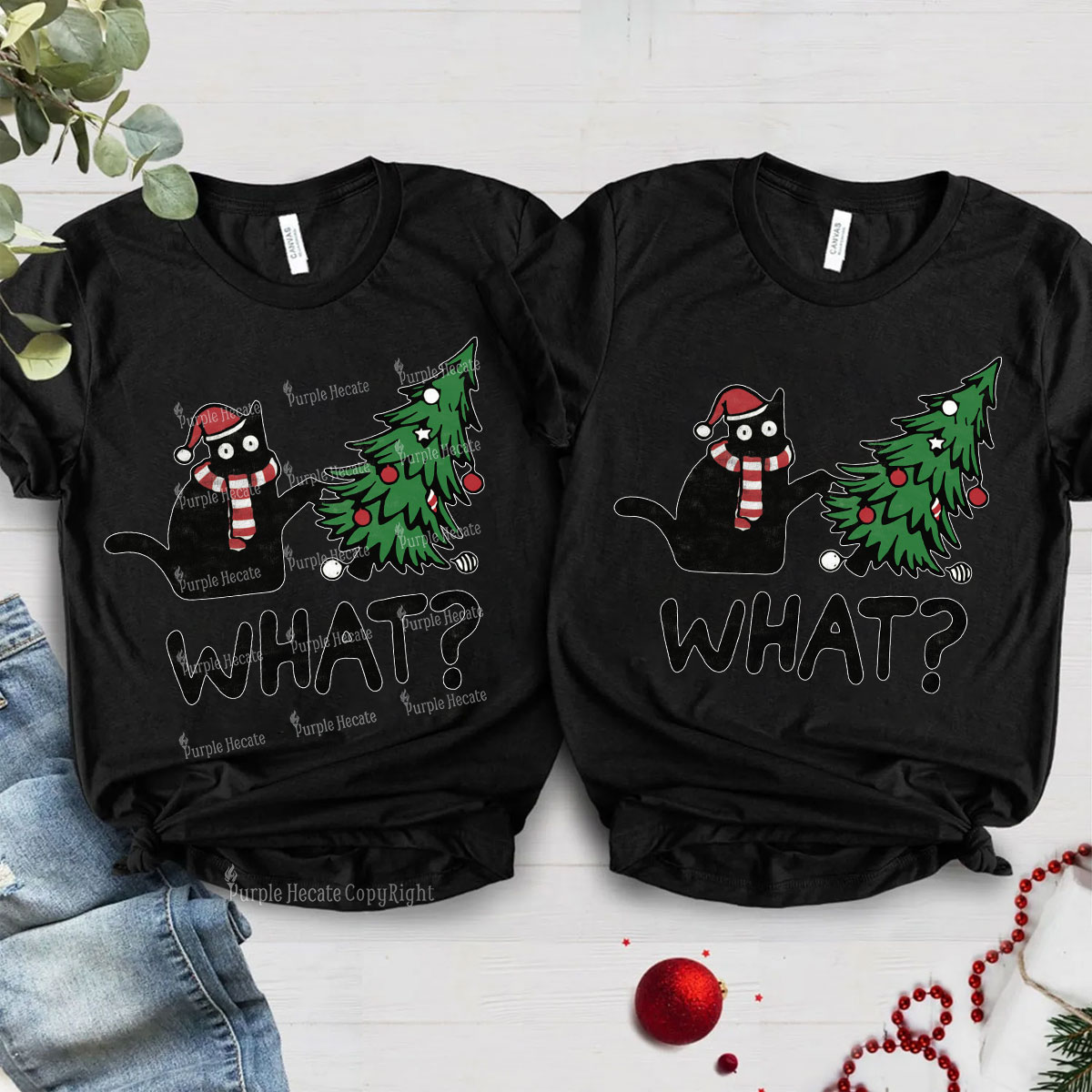Purplehecate Christmas Black Cat Couple T-Shirts