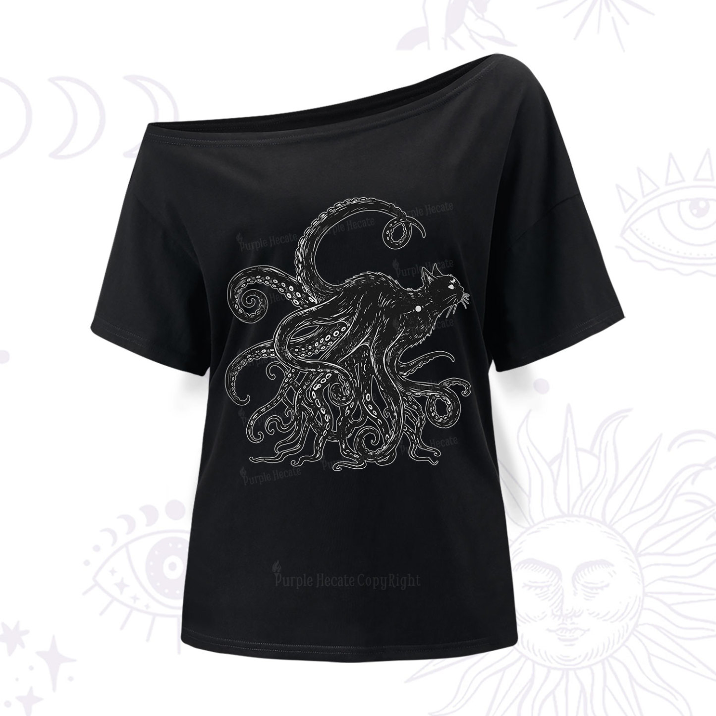 Purplehecate Black Cat with Octopus Tentacles One Shoulder T-Shir