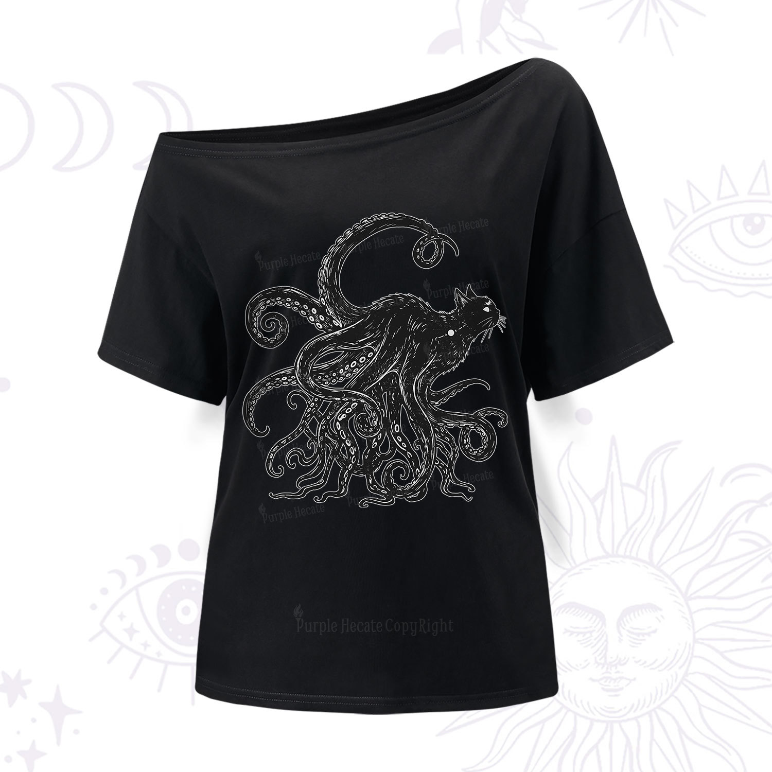 Purplehecate Black Cat with Octopus Tentacles One Shoulder T-Shir