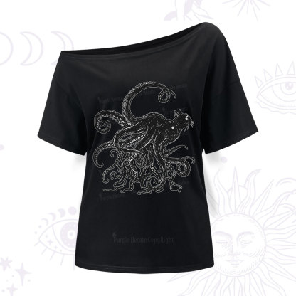 Purplehecate Black Cat with Octopus Tentacles One Shoulder T-Shirt