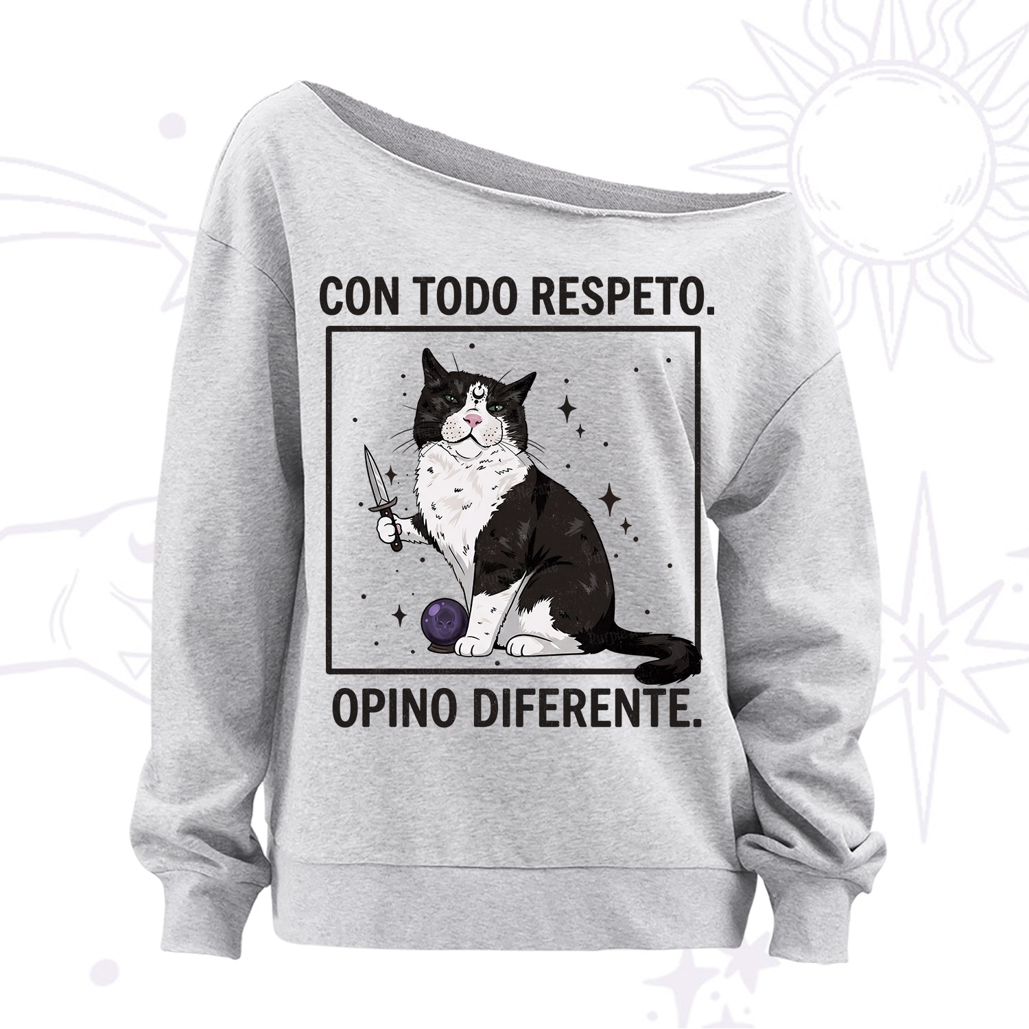 Purplehecate Funny Cat Con Todo Respeto Opino Diferente Off The Shoulder Sweatshirt