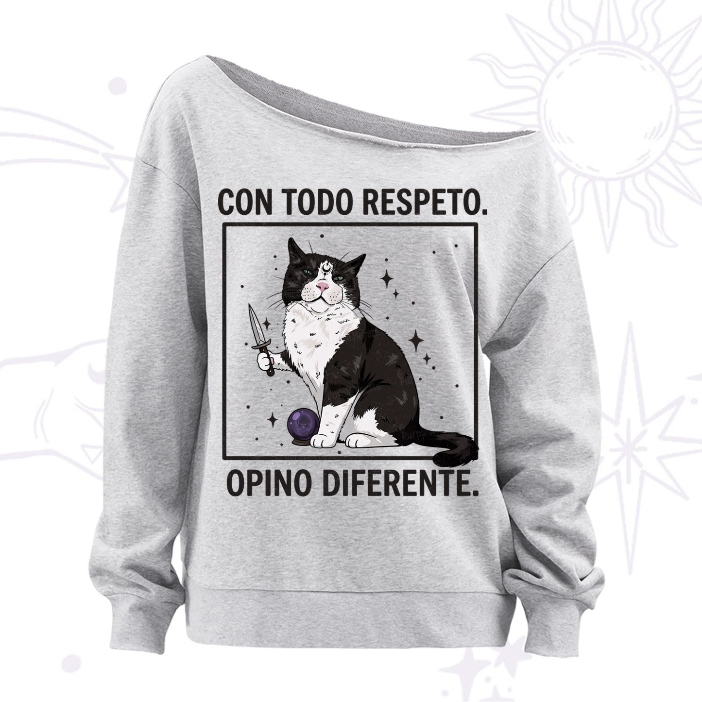 Purplehecate Funny Cat Con Todo Respeto Opino Diferente Off The Shoulder Sweatshirt