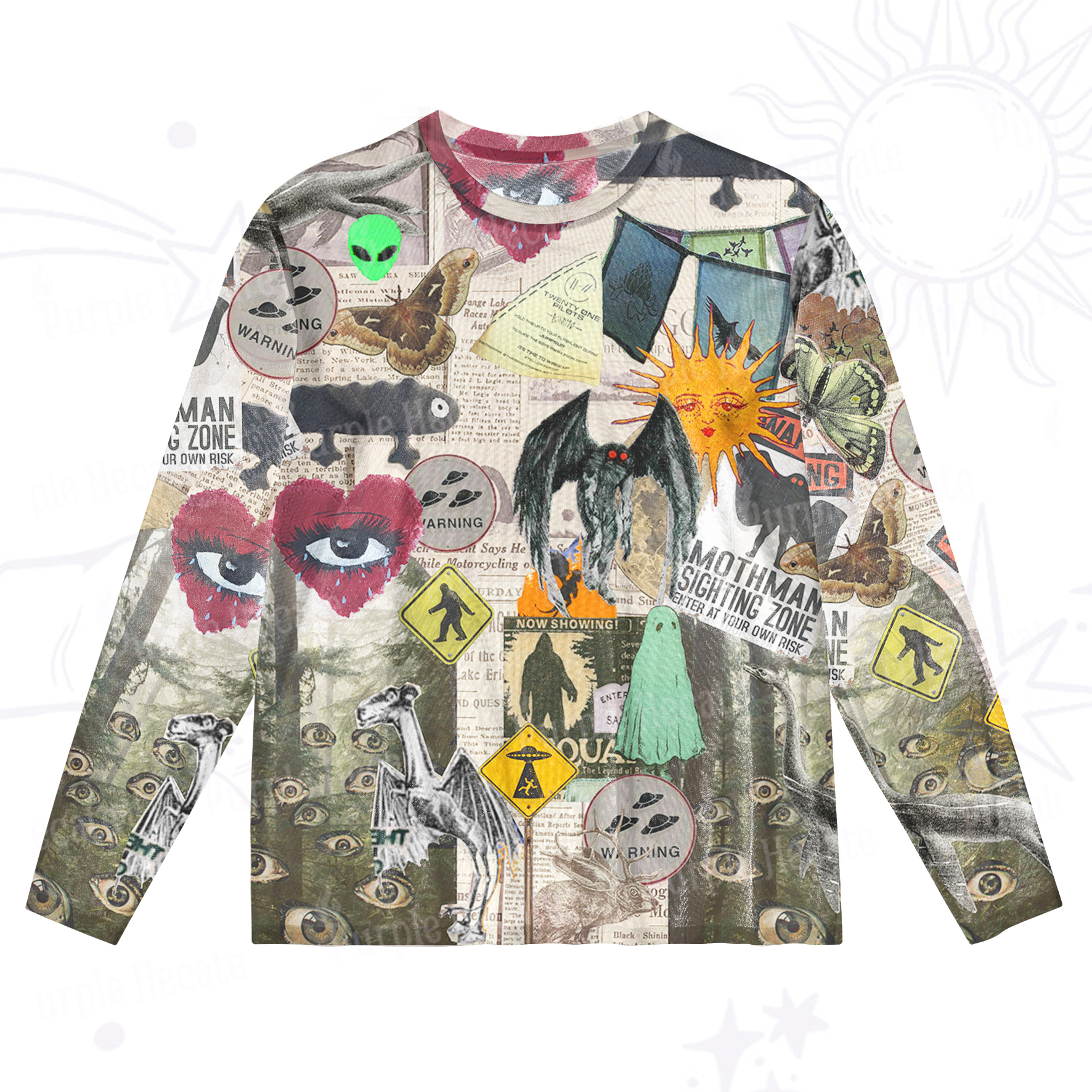 Purplehecate Cryptid Warning Collage Mesh Long Sleeve Top