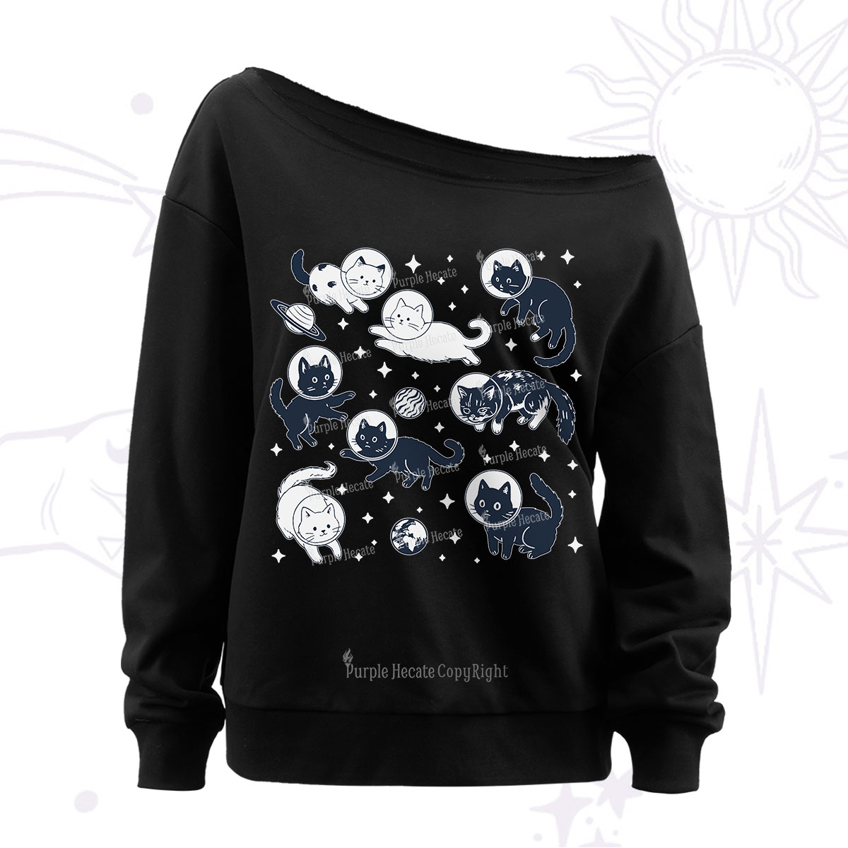 Purplehecate Cats in Space Off The Shoulder Sweatshirt