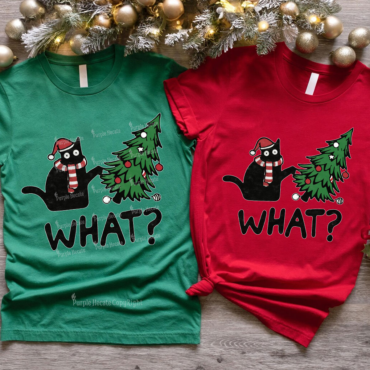 Purplehecate Christmas Black Cat Couple T-Shirts