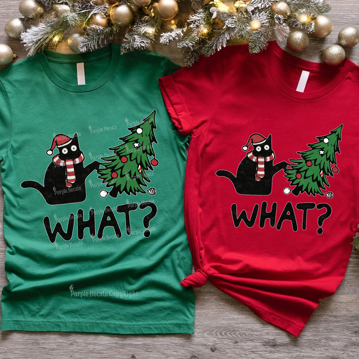 Purplehecate Christmas Black Cat Couple T-Shirts