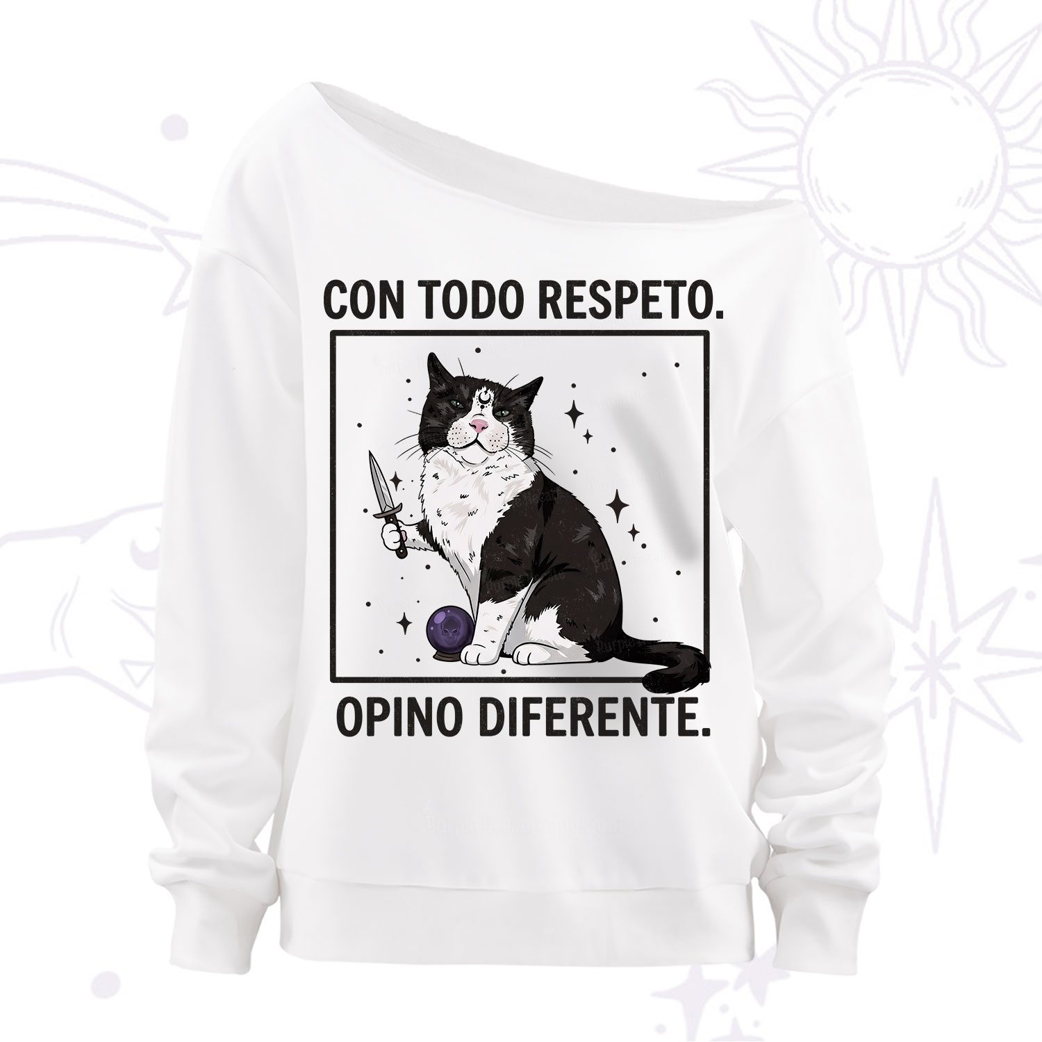 Purplehecate Funny Cat Con Todo Respeto Opino Diferente Off The Shoulder Sweatshirt