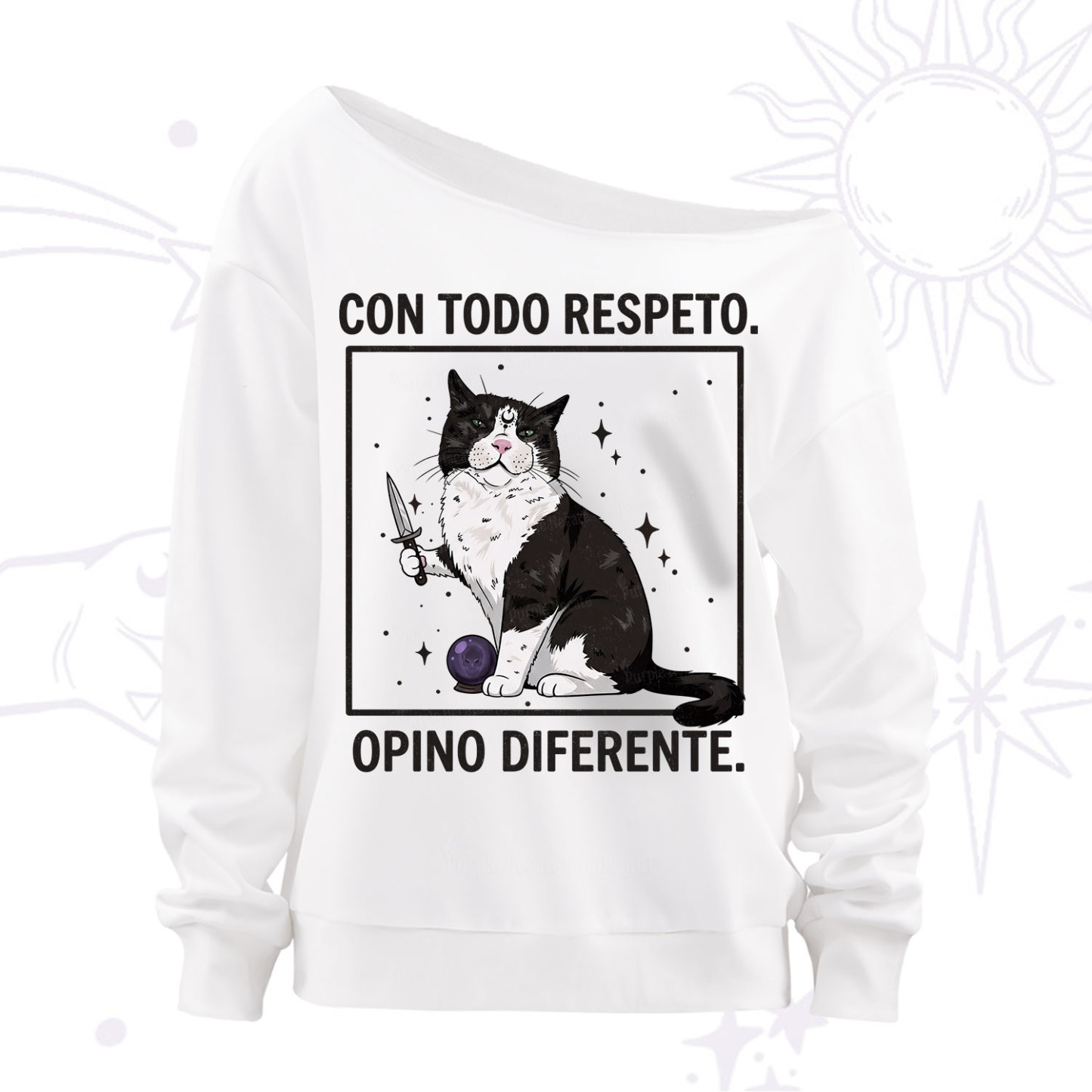 Purplehecate Funny Cat Con Todo Respeto Opino Diferente Off The Shoulder Sweatshirt