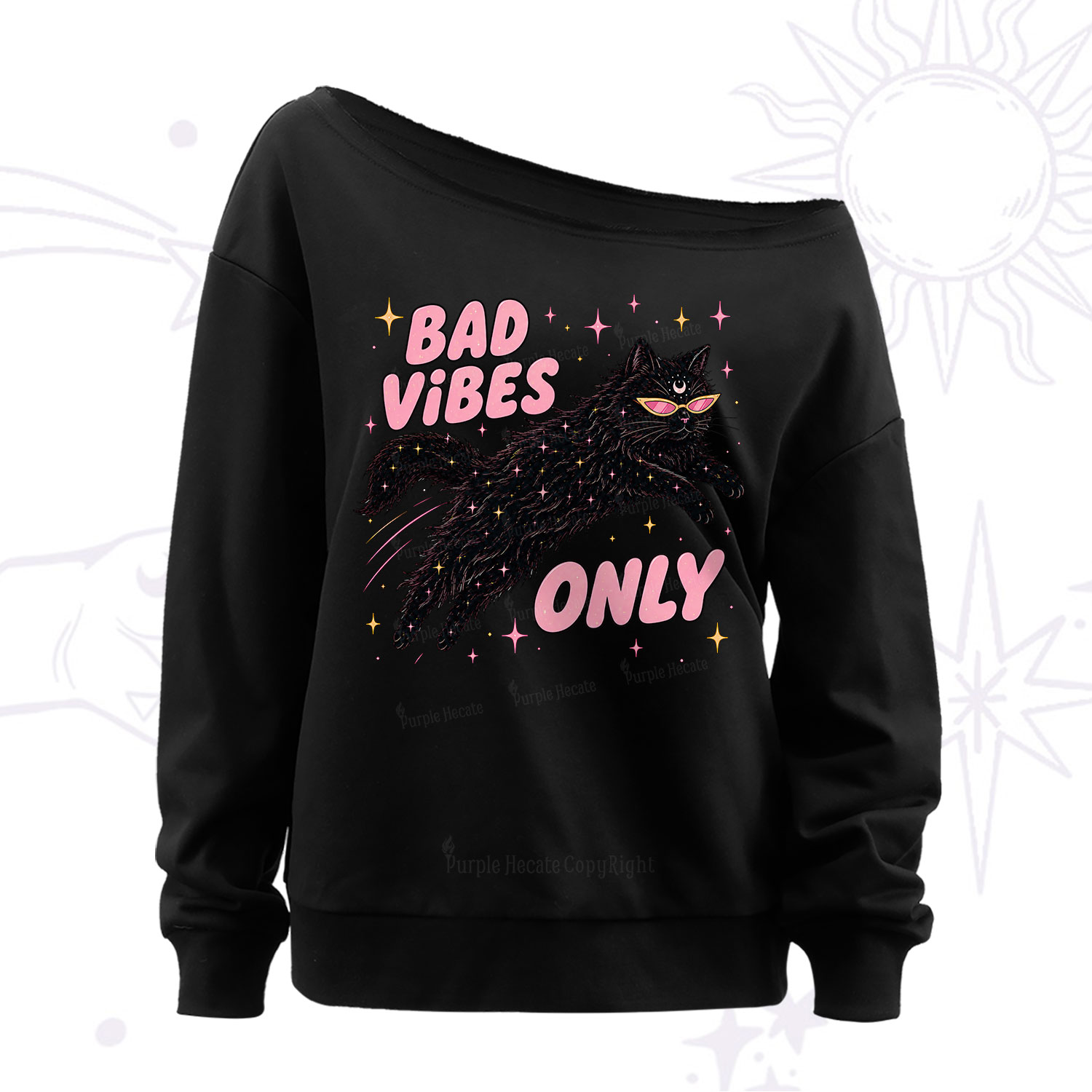 Purplehecate Black Cat Vibes Only Off The Shoulder Sweatshirt