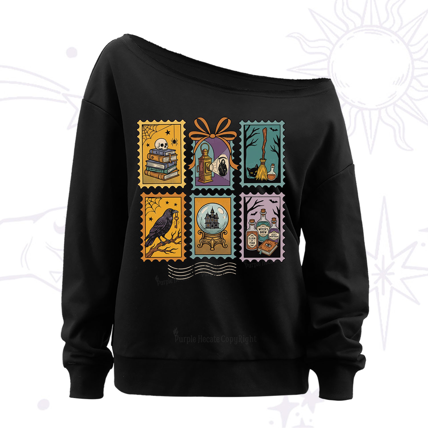 Purplehecate Halloween Witch Raven Castle Potions Off The Shoulder Sweatshirt