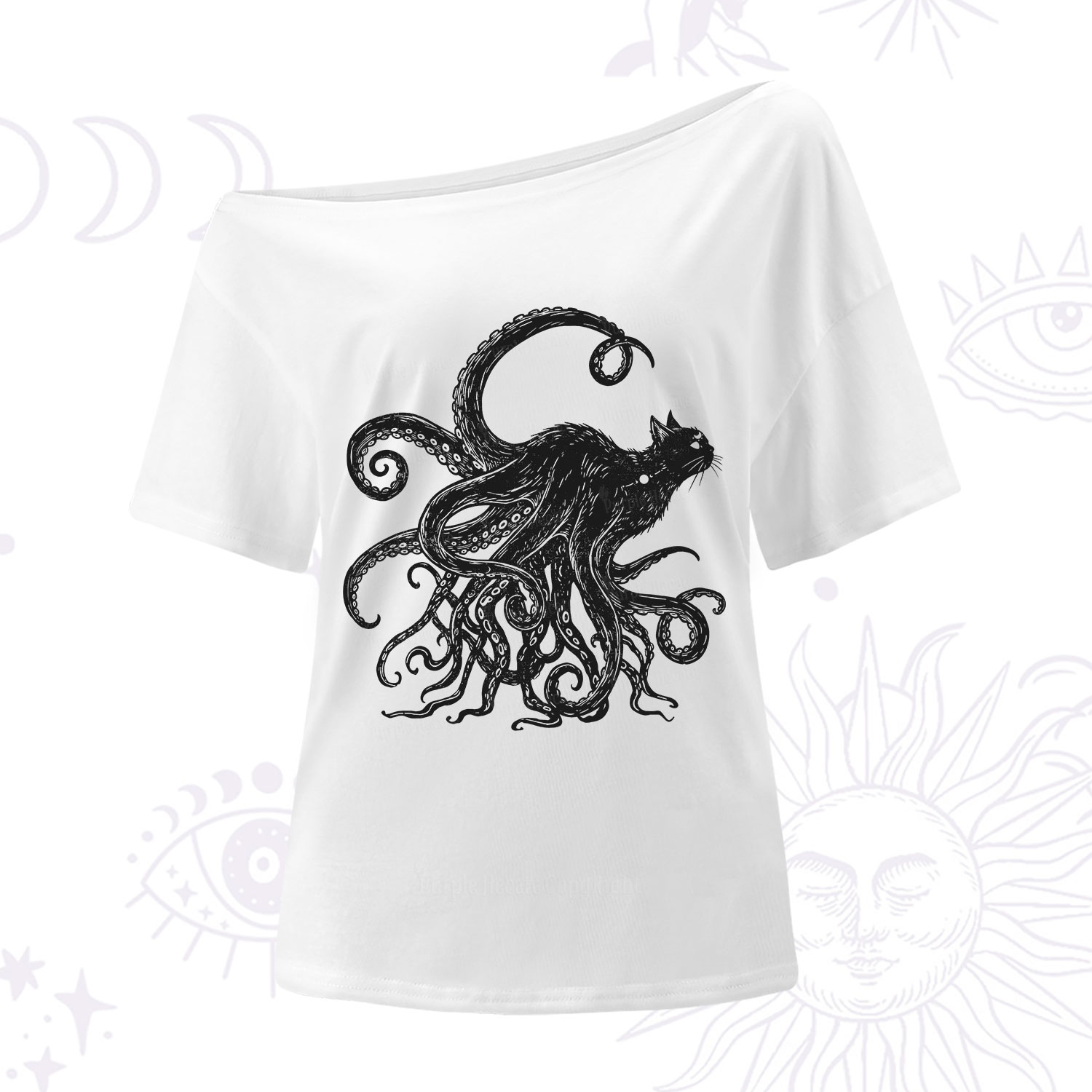 Purplehecate Black Cat with Octopus Tentacles One Shoulder T-Shirt