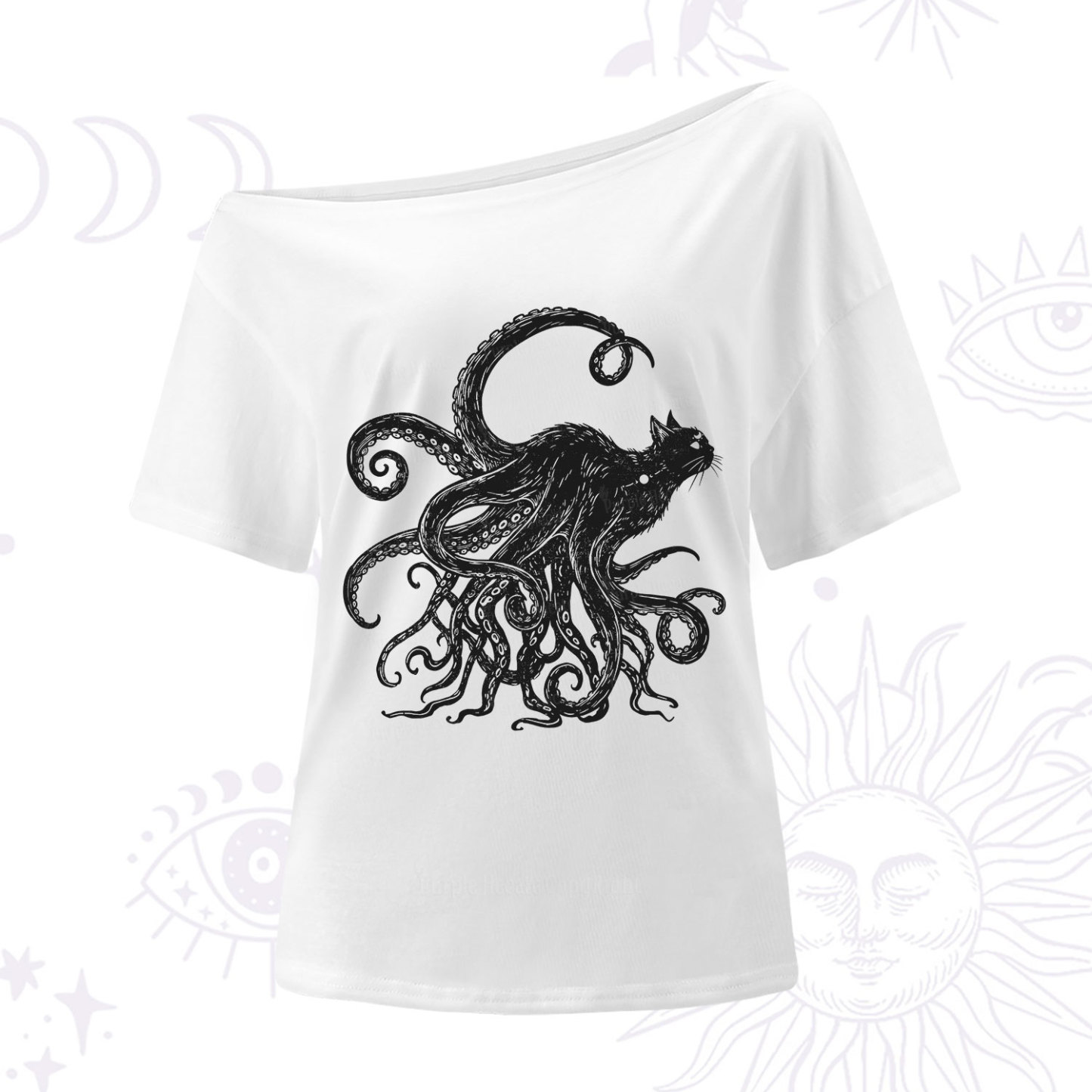 Purplehecate Black Cat with Octopus Tentacles One Shoulder T-Shirt