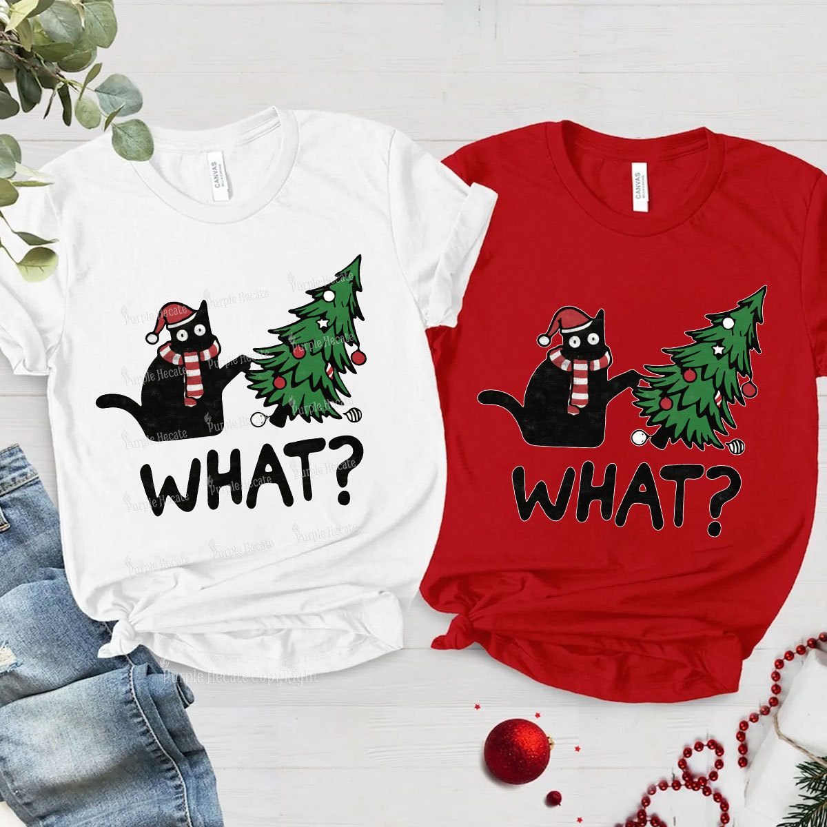 Purplehecate Christmas Black Cat Couple T-Shirts