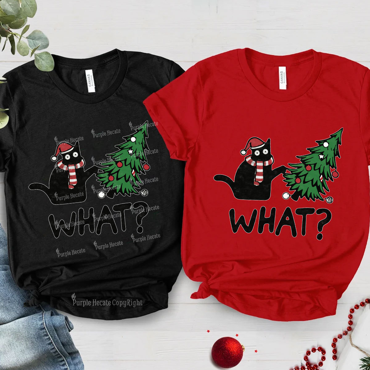 Purplehecate Christmas Black Cat Couple T-Shirts