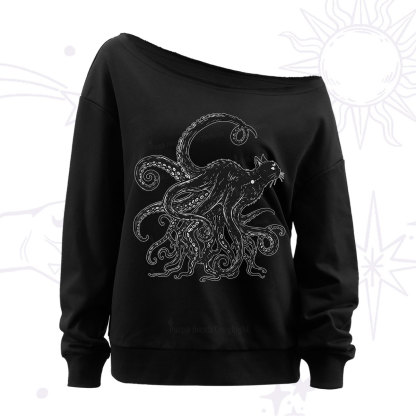 Purplehecate Black Cat with Octopus Tentacles Off The Shoulder Sweatshirt