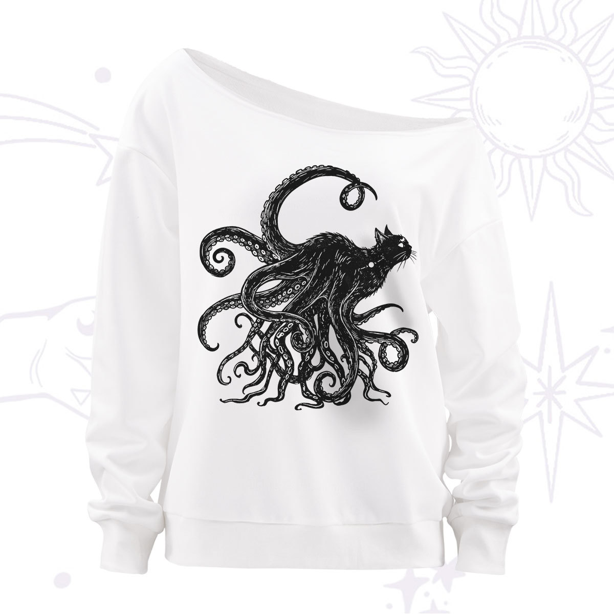 Purplehecate Black Cat with Octopus Tentacles Off The Shoulder Sweatshirt