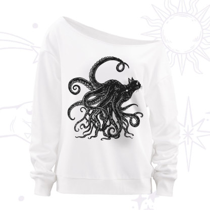 Purplehecate Black Cat with Octopus Tentacles Off The Shoulder Sweatshirt