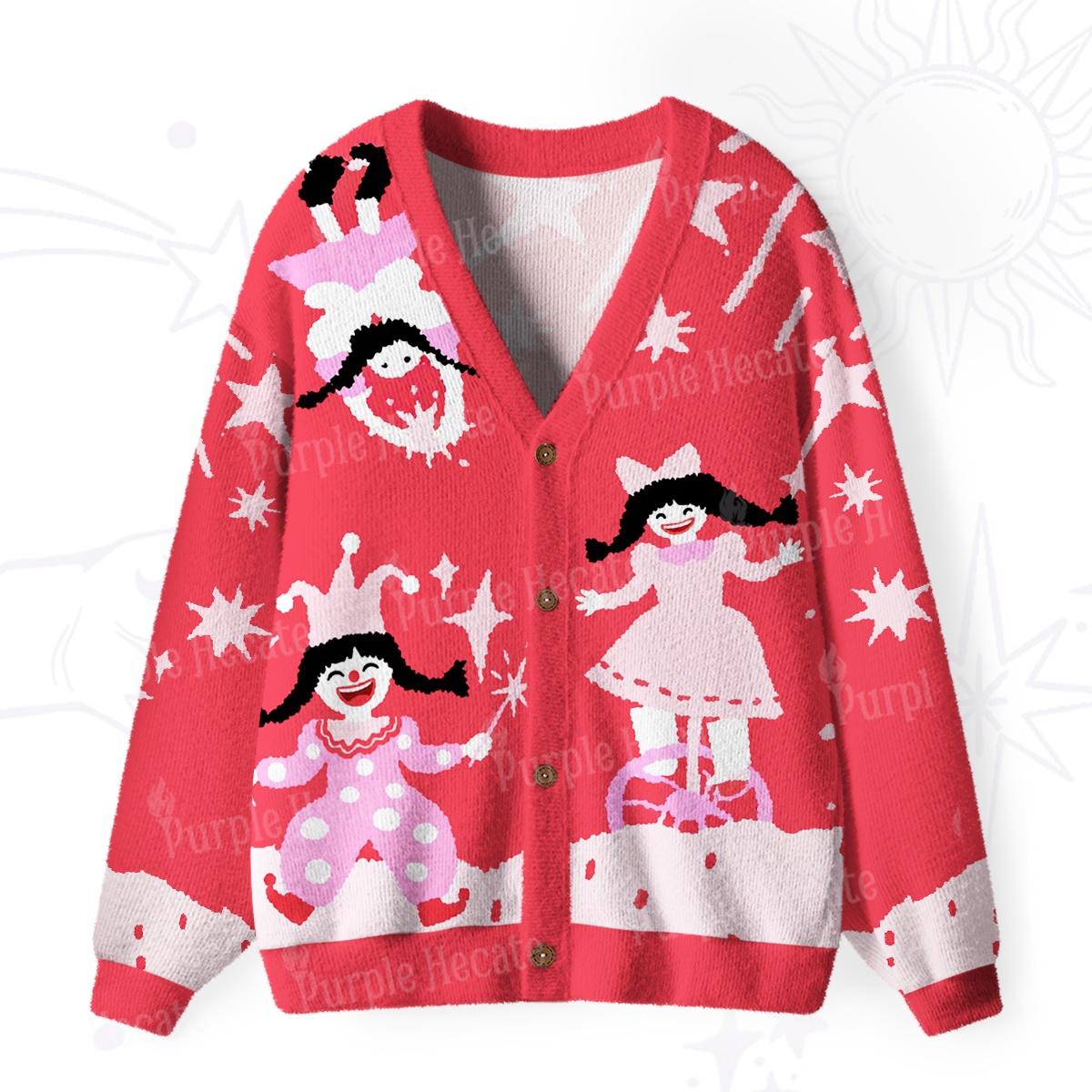 Purplehecate Joyful Circus Girl Ugly Cardigan Sweaters