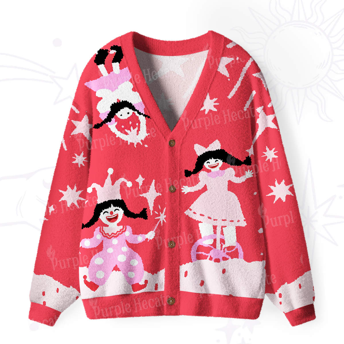 Purplehecate Joyful Circus Girl Ugly Cardigan Sweaters