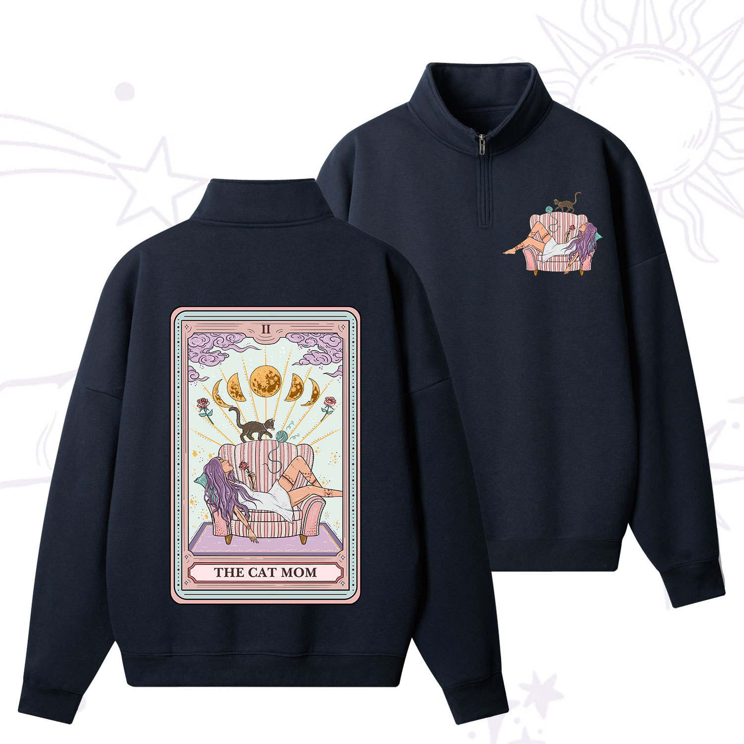 Purplehecate The Cat Mom Tarot Quarter Zip Fleece Sweatshirt