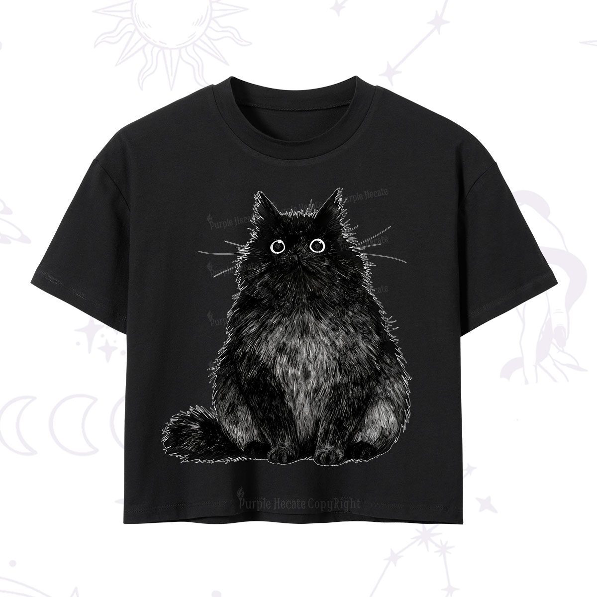 Purplehecate Cute Black Fluffy Cat Crop T-Shirt