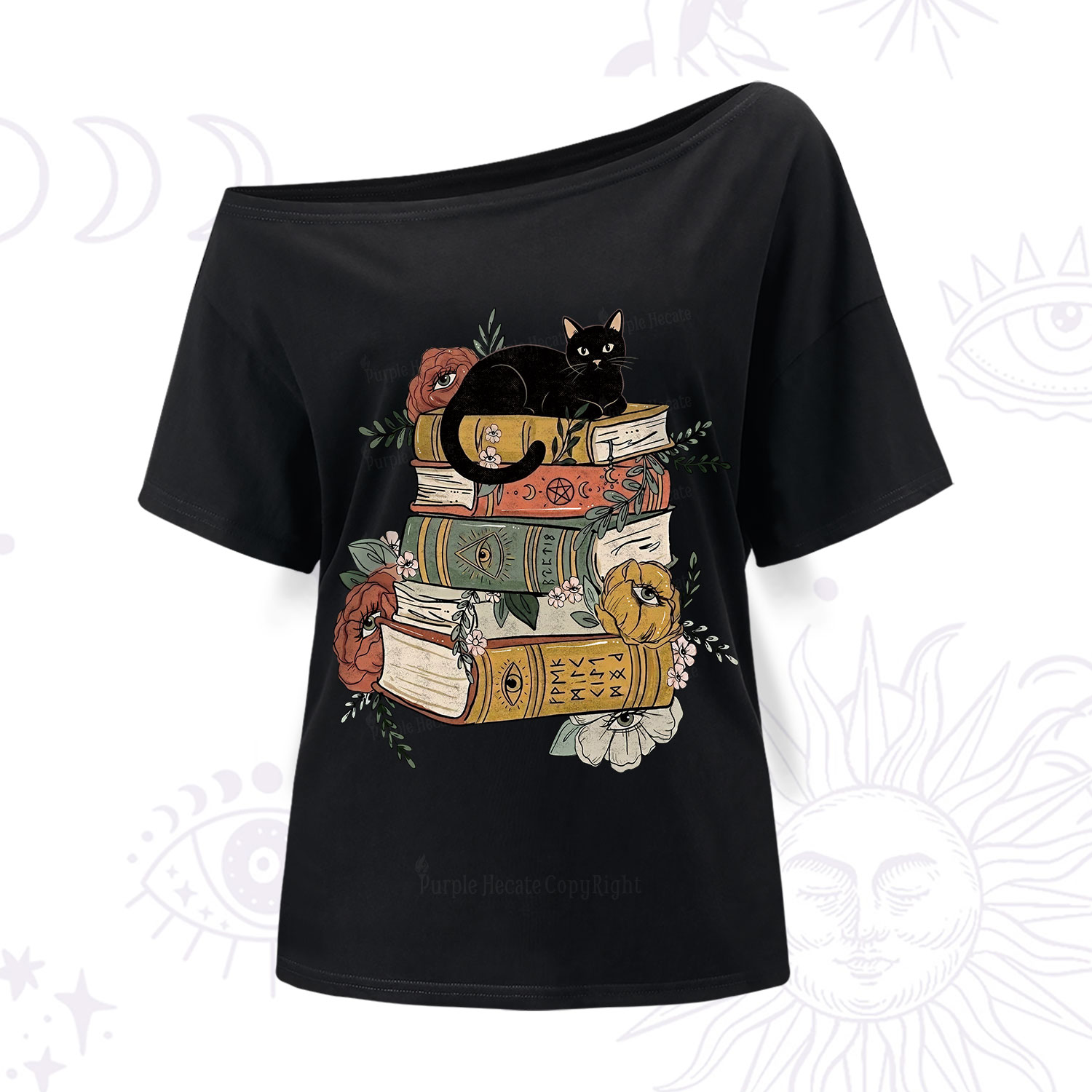 Purplehecate Black Cat on Books One Shoulder T-Shirt