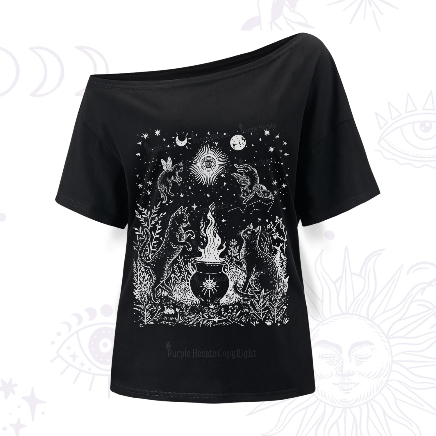 Purplehecate Midnight Meowgic Moon Ritual One Shoulder T-Shirt