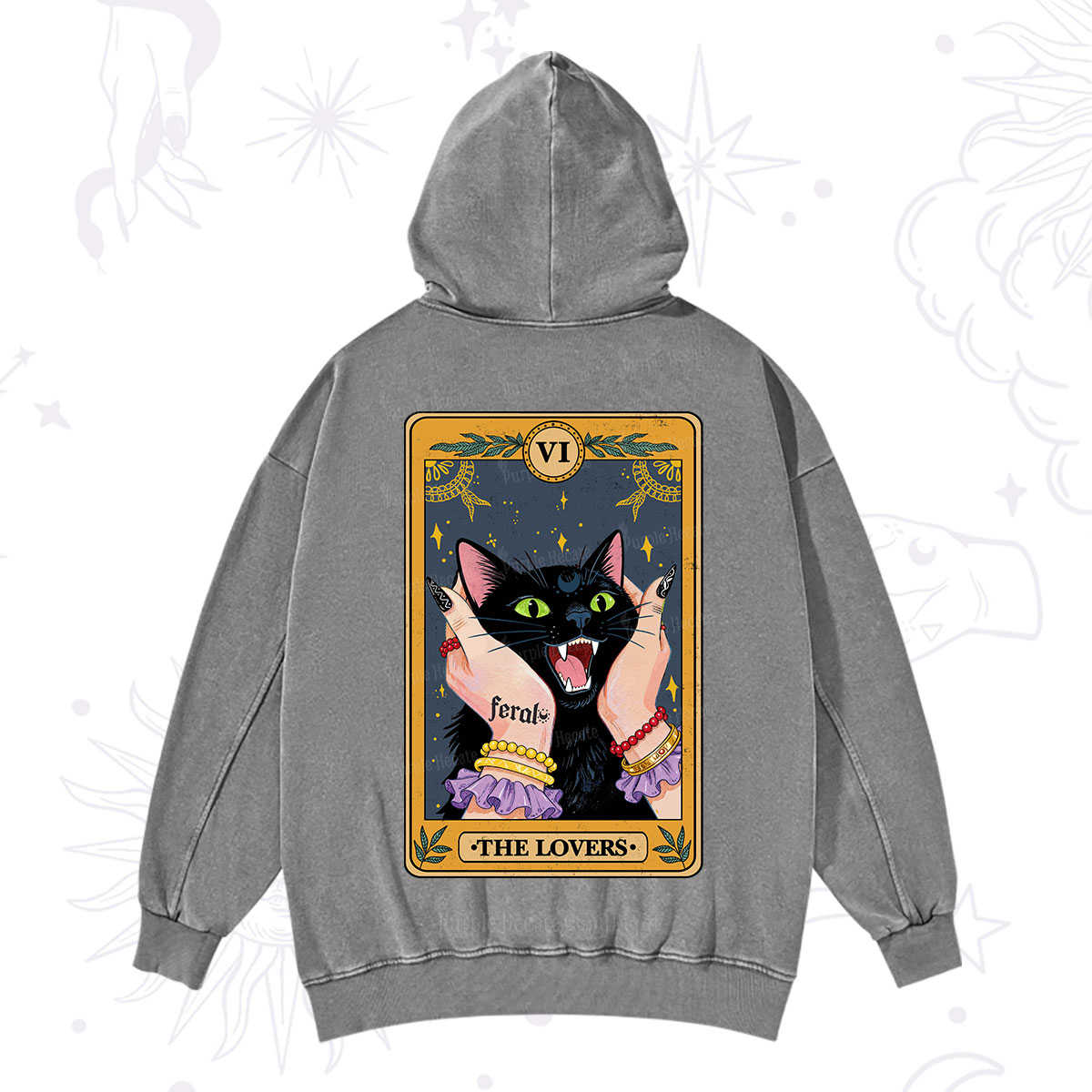 Purplehecate The Lovers Tarot Feral Cat Washed Hoodie