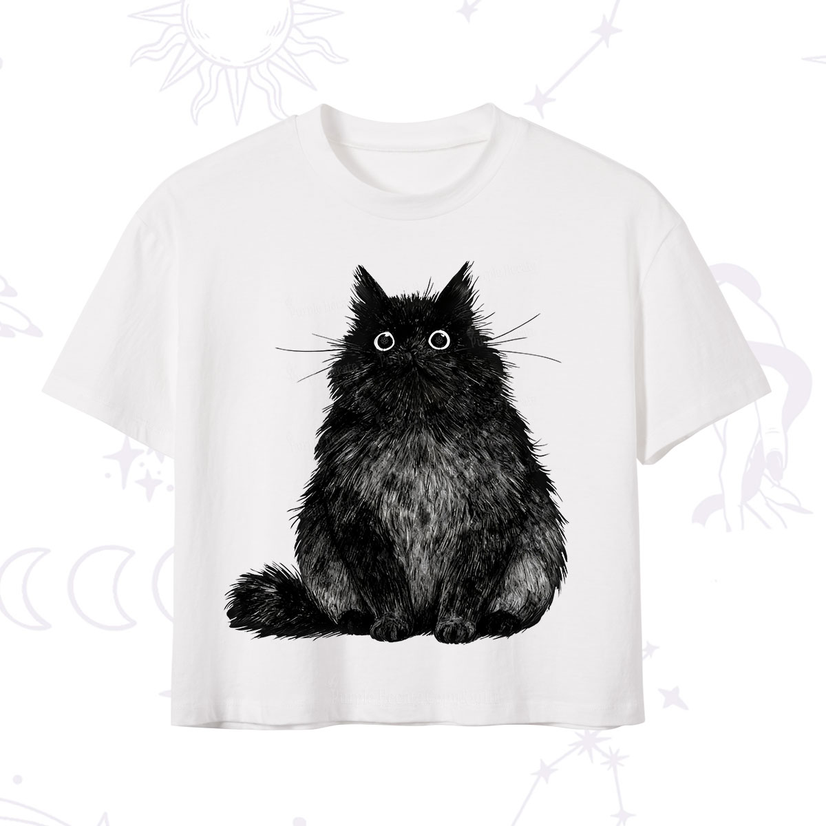 Purplehecate Cute Black Fluffy Cat Crop T-Shirt