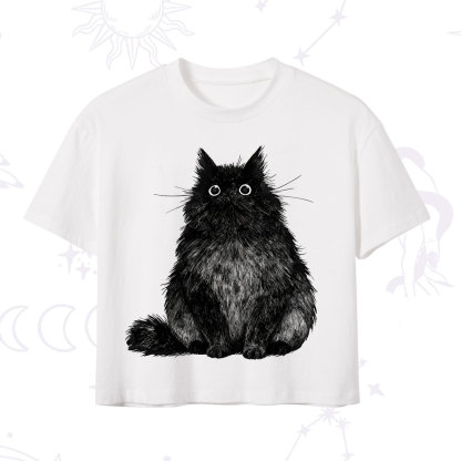 Purplehecate Cute Black Fluffy Cat Crop T-Shirt