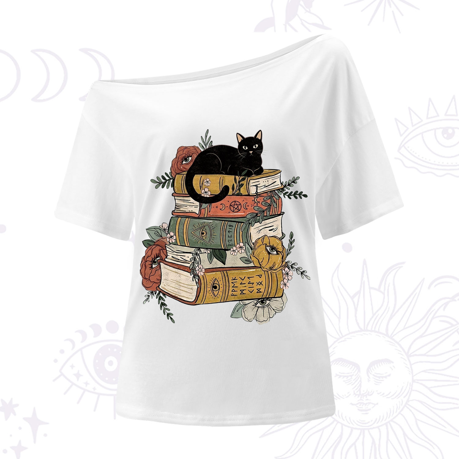 Purplehecate Black Cat on Books One Shoulder T-Shirt