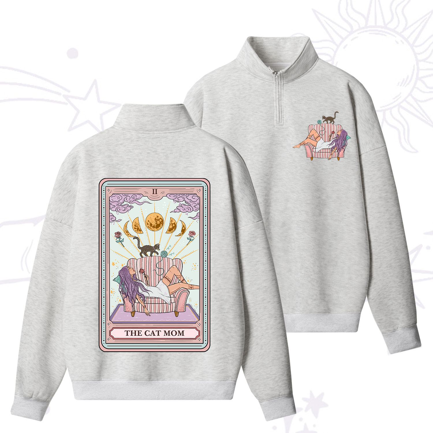 Purplehecate The Cat Mom Tarot Quarter Zip Fleece Sweatshirt