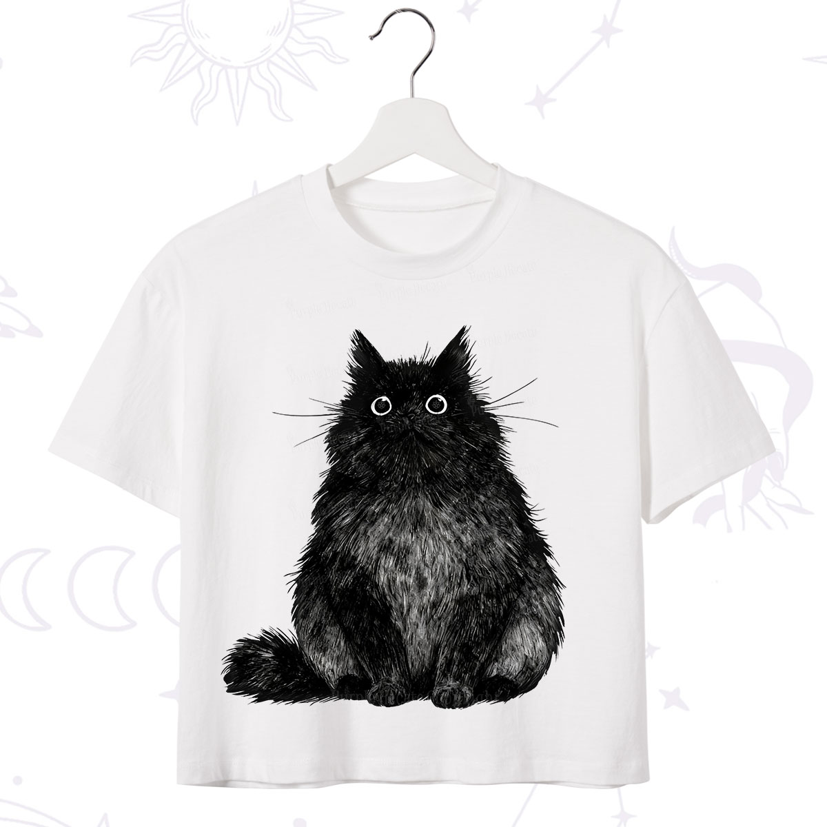 Purplehecate Cute Black Fluffy Cat Crop T-Shirt