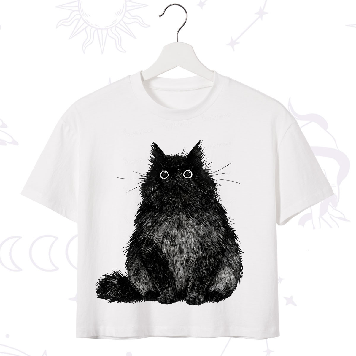 Purplehecate Cute Black Fluffy Cat Crop T-Shirt