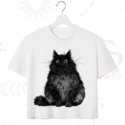Purplehecate Cute Black Fluffy Cat Crop T-Shirt