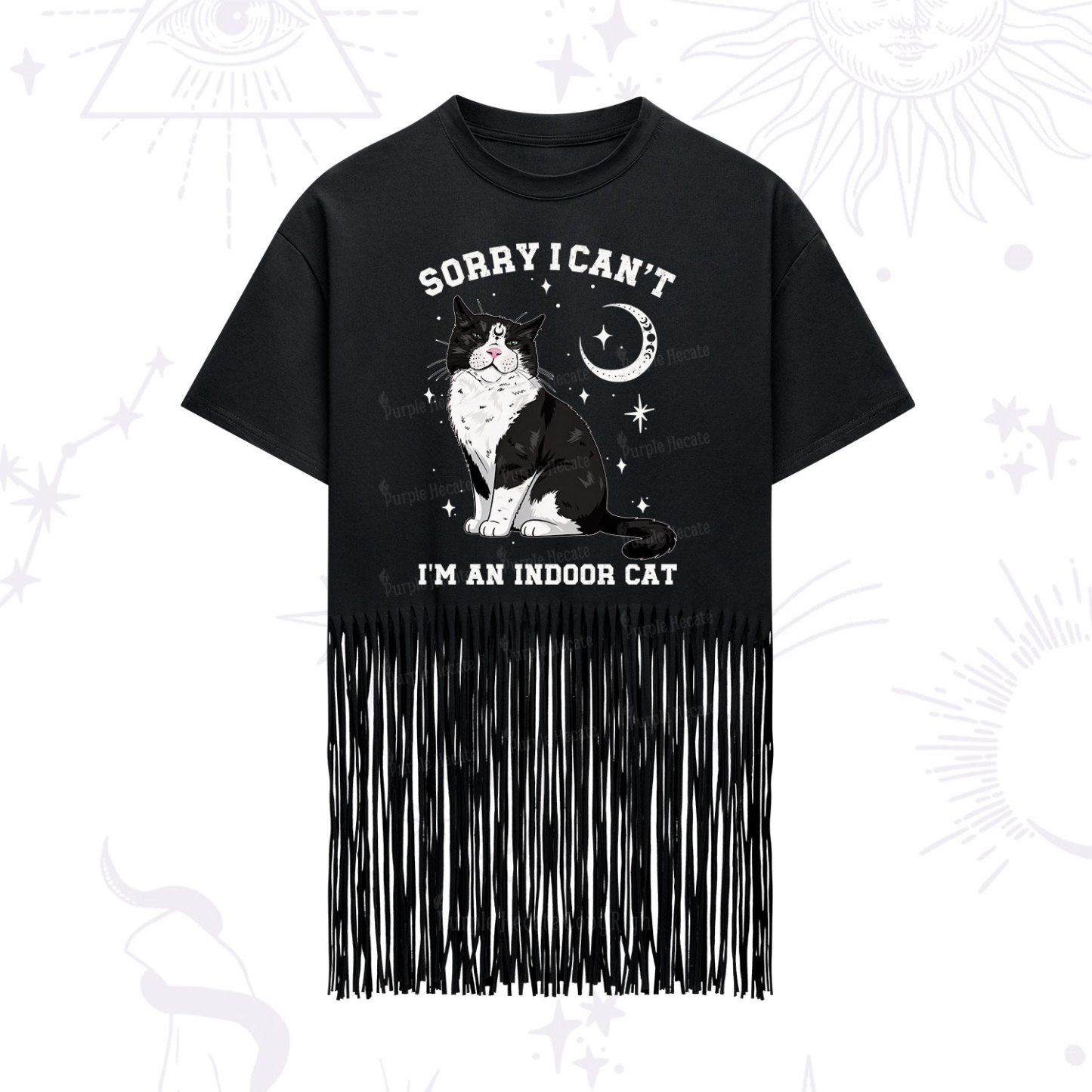 Purplehecate Sorry I Can't Go I'm an Indoor Cat Fringe Hem T-Shirt